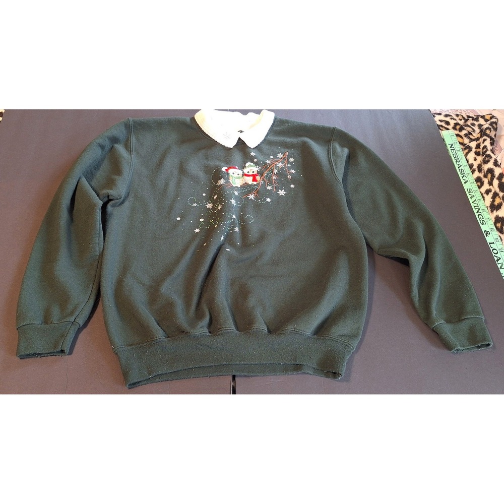 Top Stitch by Morning Sun Green Owl Christmas Sweatshirt Double Collar Vintage M